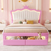 Full Size Upholstered Bed Frame With LED Lights, Modern Upholstered Princess Bed With Crown Headboard, 2 Drawers