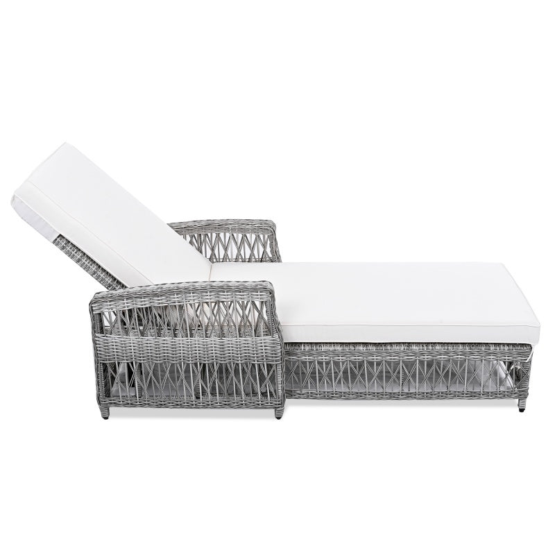 Outdoor Long Lounge Chair, Wicker Lounge Chair With Armrests, Adjustable Terrace Lounge Chair With Detachable Soft Cushions, All-weather Rattan Pool Lounge Chair, Beige