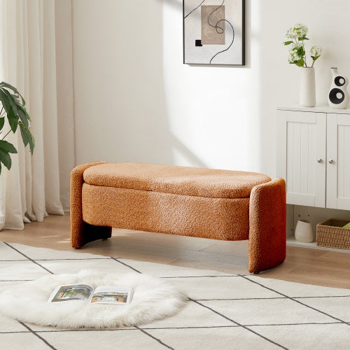 Ottoman Oval Storage Bench 3D Lamb Fleece Fabric Bench With Large Storage Space For The Living Room, Entryway And Bedroom