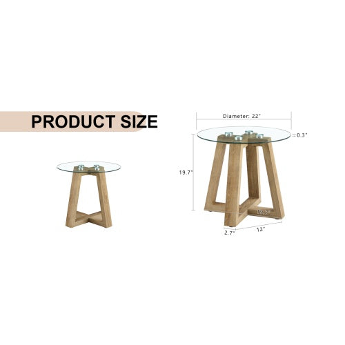 Modern And Practical Round Table. Made Of Clear Tempered Glass Top And Wood-coloured MDF Material. Suitable For Living Rooms And Bedrooms