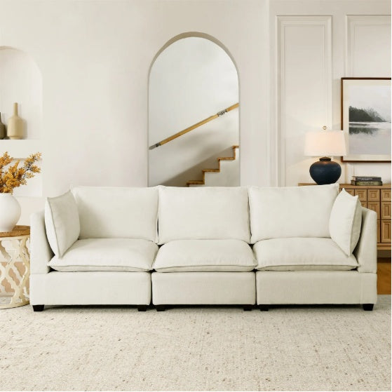 Modern Chenille Comfy Upholstered 3-Seat Sofa With 2 Lumbar Pillow, Deep Seat Sofa Sleeper For Living Room, Apartment, Office, Studio  Beige White, 3-Seat