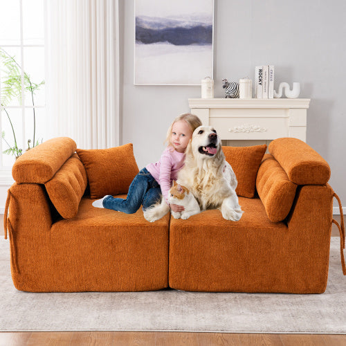 LY-029 ORANGE COMPRESSION SOFA 4-seater Combined Sofa, Wood Grain Chenille Fabric, Full Sponge Compression Sofa,combined Sofa With 2 Pillows For Living  Home Furniture  Apartment