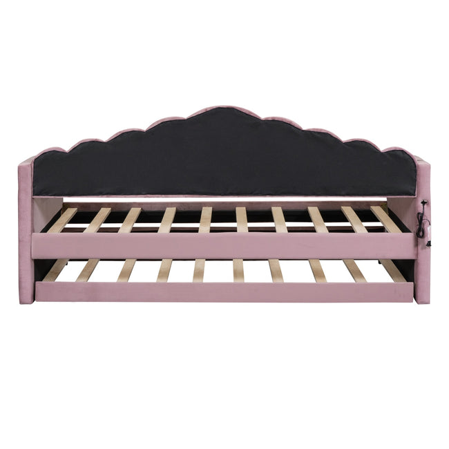 Twin Upholstered Daybed With Trundle, Velvet, USB Ports, No Box Spring Needed