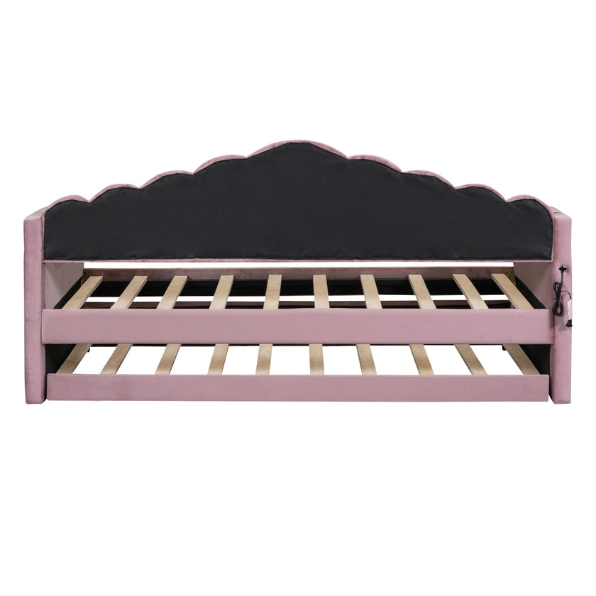 Twin Upholstered Daybed With Trundle, Velvet, USB Ports, No Box Spring Needed