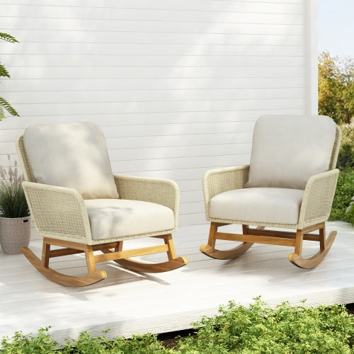 Contemporary Minimalist Ivory Wicker Rocking Chair With Soft Polyester Cushions And Durable Wooden Frame, Perfect For Indoor And Outdoor Spaces Like Patio, Balcony, Or Living Room