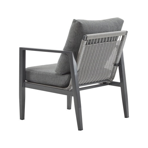 Gray Aluminum Lounge Chair With Sleek Rope Accents And Comfortable Cushions, Perfect For Modern Outdoor And Indoor Spaces