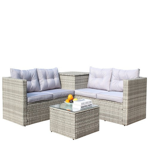 4 Piece Patio Sectional Wicker Rattan Outdoor Furniture Sofa Set With Storage Box Grey