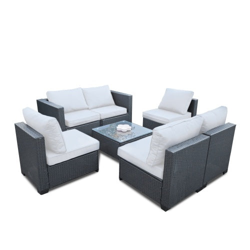 Seven-Piece Sofa Set Table With Sofa Chair Black PE Rattan Outdoor Furniture 7-JH002 Box 3-1-2-3 With Beige Color Cushion