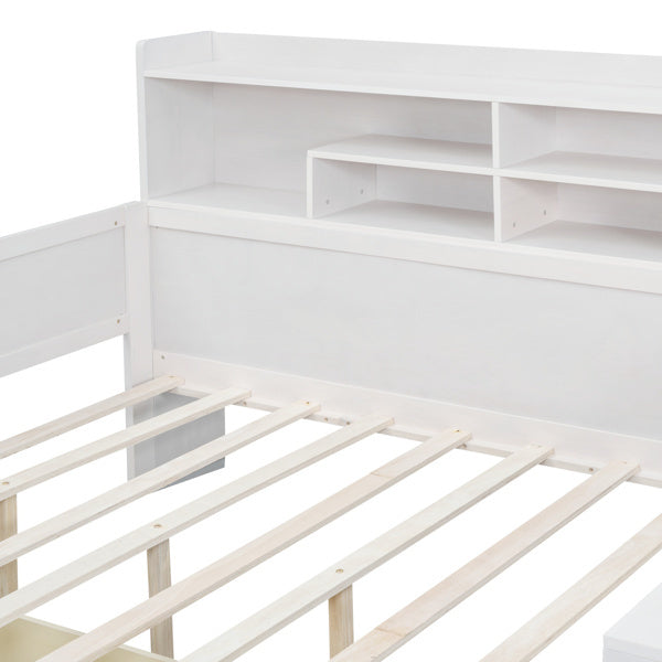 Wooden Full-size Sofa Bed With Storage Rack, Multifunctional Bed With Two Storage Drawers And Desk, Antique White