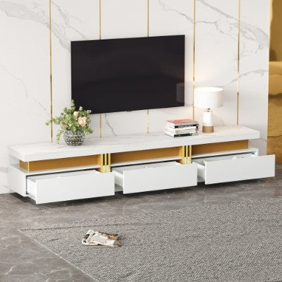 Luxury TV Stand With Faux Marble Top, TV Cabinet Golden Panel Design, And 3 Drawers For Televisions Up To 89'', Rectangle Media Console, Practical Entertainment Center For Living Room, White