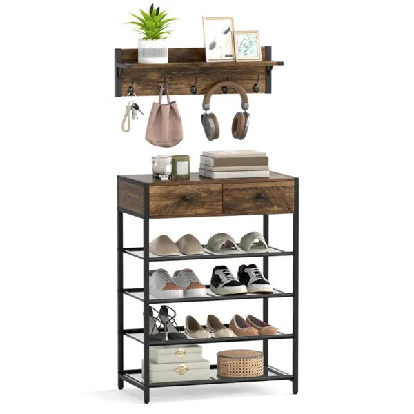 Multifunctional Entryway Storage - 5-Hook Coat Rack  2-Drawer Shoe Stand With 4 Mesh Shelves