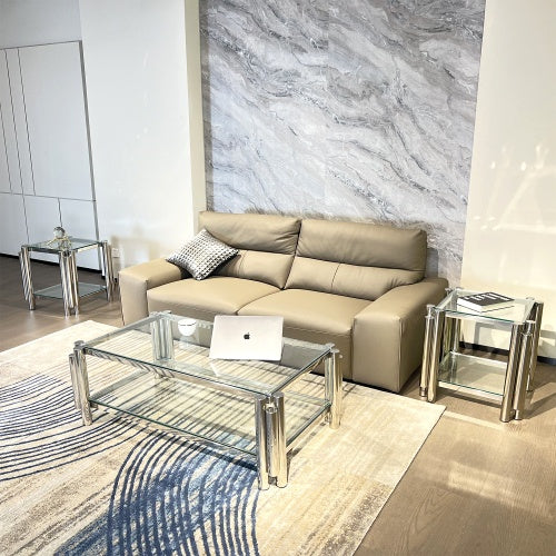 Modern Stainless Steel Coffee Table Set Set Of 3, Double-Layer Clear Tempered Glass Table Top, Coffee Table  Two End Side Table 3-Pieces Sets For Living Room Home Office