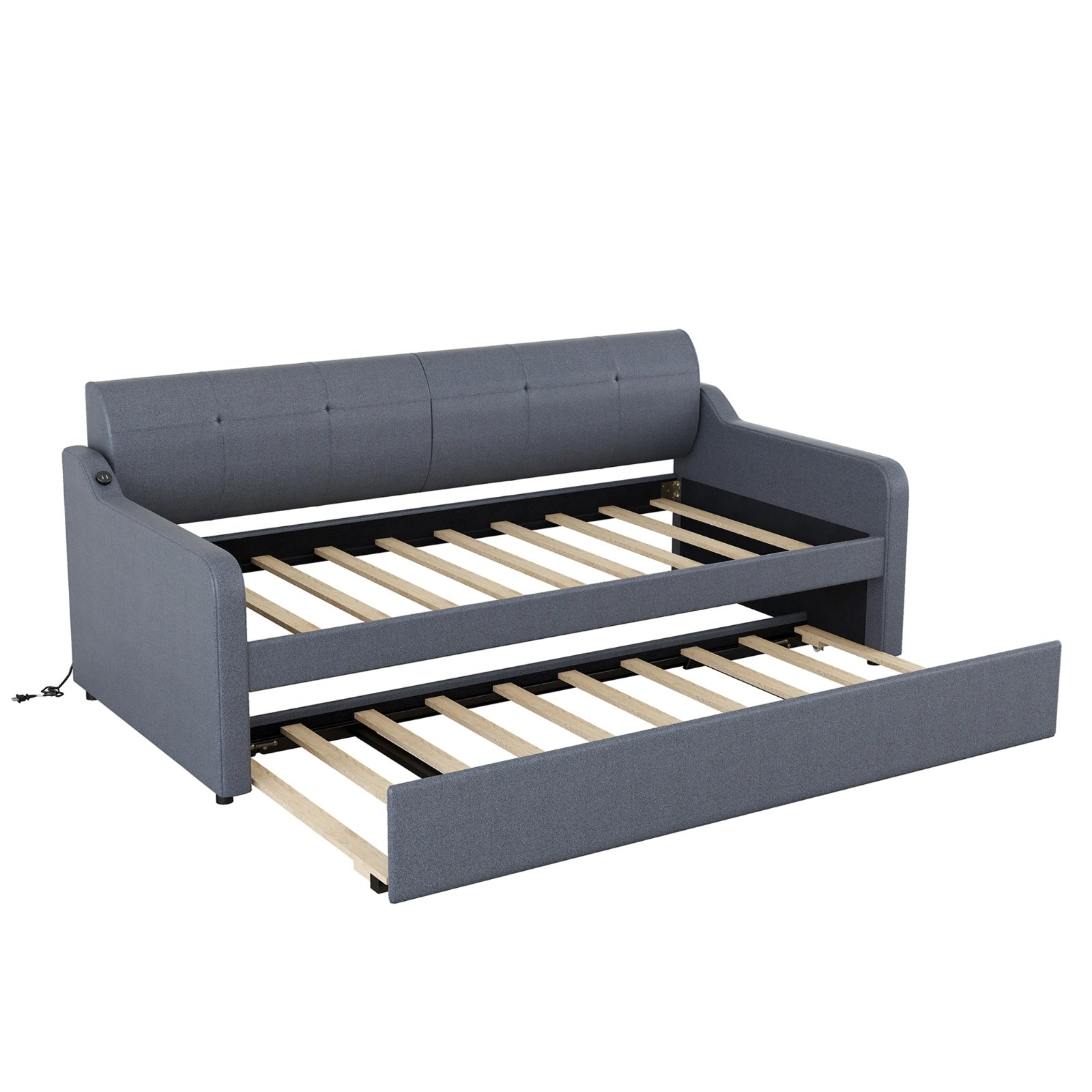 Twin Upholstered DayBed With Trundle & USB, Adjustable, Gray - 80 Characters
