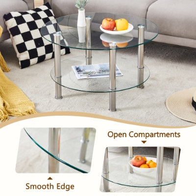 Contemporary Minimalist Double Layer Tempered Glass Coffee Table  27.5 Top And 23.6 Bottom.Reinforced Glass Tabletop,Stainless Steel Silver Plated Legs