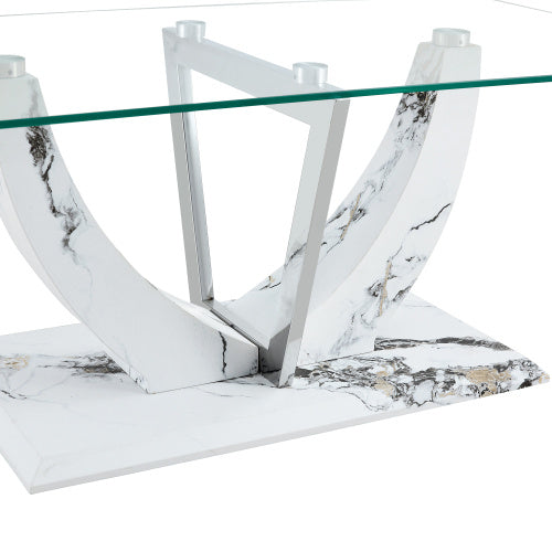 Modern Minimalist Transparent Tempered Glass Coffee Table With Marble Patterned MDF Legs And Stainless Steel Decorative Columns. Computer Desk. Game Table. CT-907
