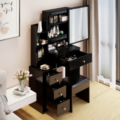 29.2 Small Space Left Bedside Cabinet Vanity Table  Cushioned Stool, Extra Large Right Sliding Mirror, Multi Layer High Capacity Storage, Practical Fashionable Dresser, Suitable For Small Space