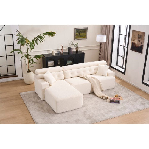 LY-029B WHITE COMPRESSION SOFA Combining Chaise Longue With 3-seater  Wood Grain Chenille Fabric, Full Sponge Compression Sofa,combined Sofa With 2 Pillows For Living Home Furniture
