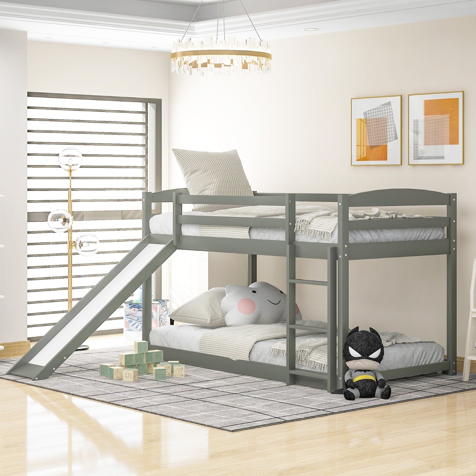 Gray Twin Twin Bunk Bed Convertible Slide Ladder