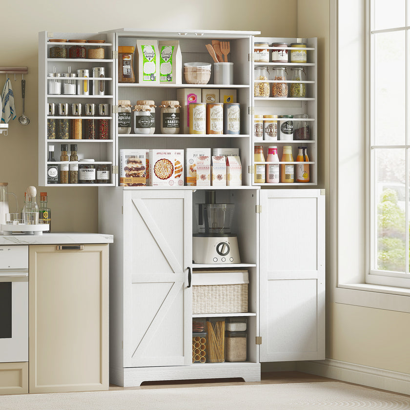 Farmhouse Kitchen Pantry, 72 Tall Pantry Cabinet With 4 Barn Doors, 4 Adjustable Shelves And 8 Door Shelves, White
