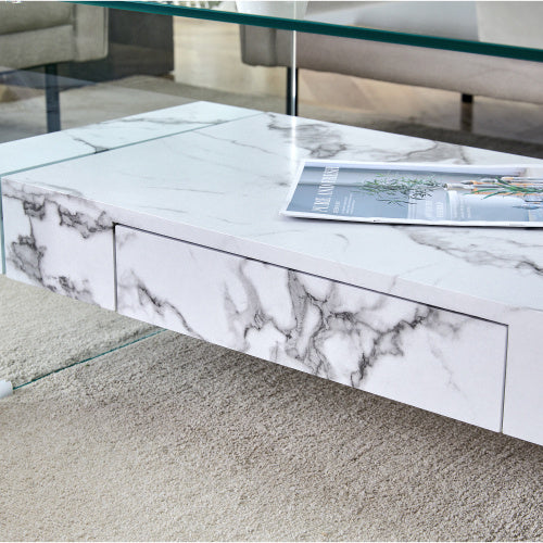 43.3 Inch Modern Two-Tier Coffee Table - Clear Tempered Glass And White Marble Texture, Multifunctional Storage Design.The Bottom Tier Includes A Drawer.Can Be Used As A Coffee Table,side Table,etc.