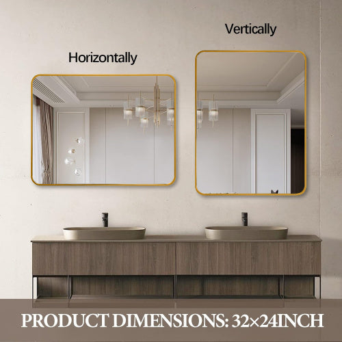 24x32 Inch Gold Metal Framed Rectangular Bathrrom Mirror For Wall.