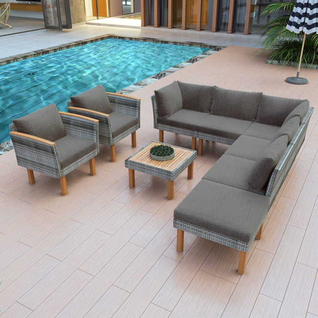 9-Piece Patio Rattan Set With Acacia Wood Legs & Tabletop, Outdoor Conversation