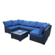 Seven-Piece Sofa Set Table With Sofa Chair Black PE Rattan Outdoor Furniture 7-JH001 Box 3-1-2-3 With Blue Color Cushion