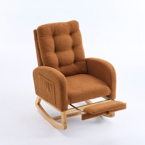 LY-5104 Caramel Accent Rocking Chair With Footrest High Back Rubber Wood Rocking Legs Bedroom Living Space 26.77D X 38.36W X 39.76H Inch