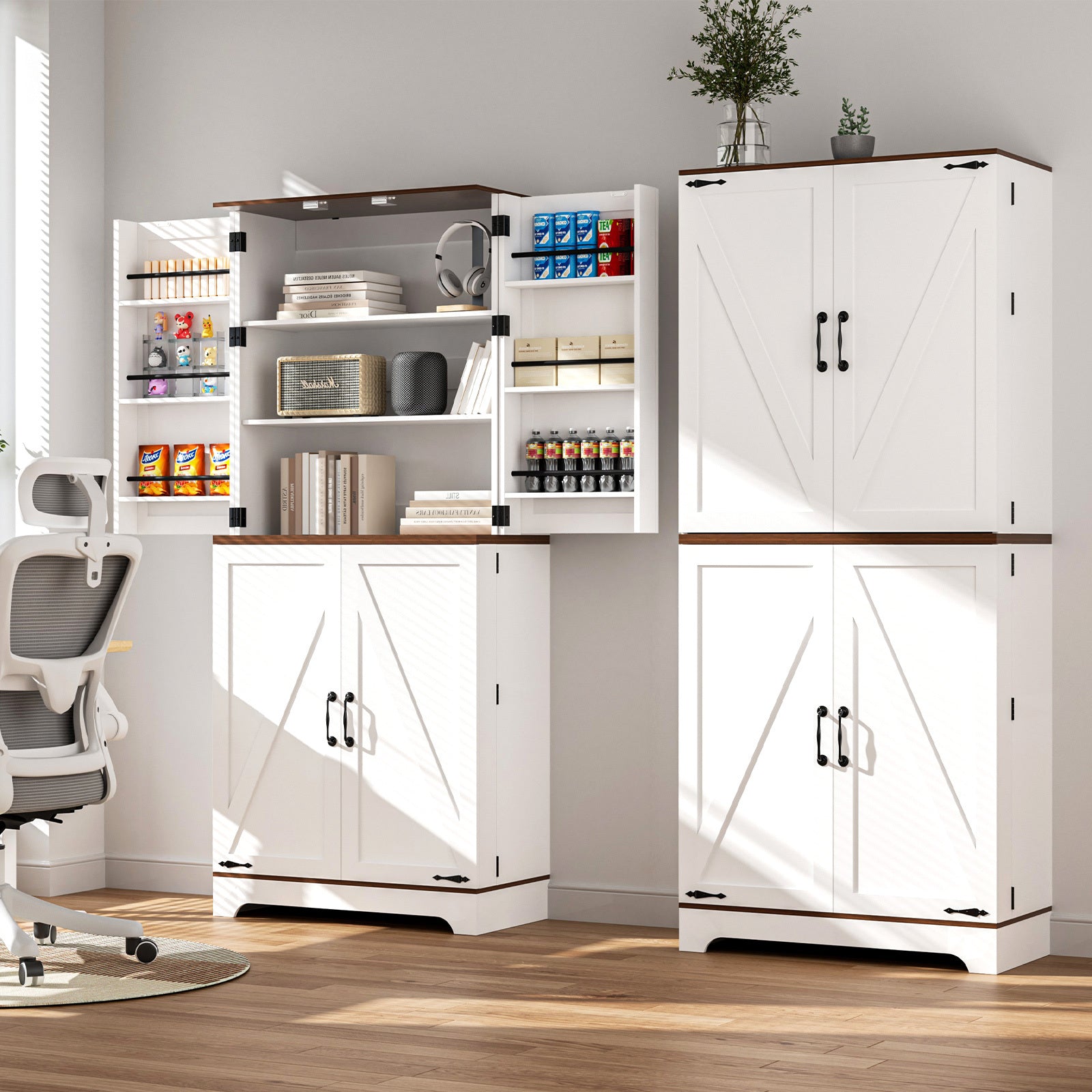 Tall Wooden Storage Cabinet With 4 Barn Doors, Adjustable Shelves And 12 Door Shelves 5-Tier Kitchen Pantry Storage Cabinet