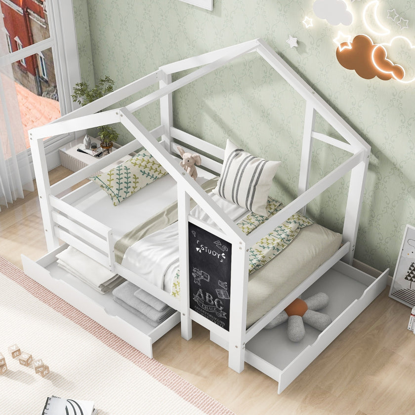 Twin House Bed With Blackboard And Drawers, Two Assembly Options, White