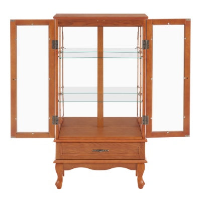 Lighted Glass Cabinet Glass Wine Cabinet Curio Display Cabinet With Adjustable Glass Shelves 2 Doors And 1 Drawer Cabinet Bulb Included OAK