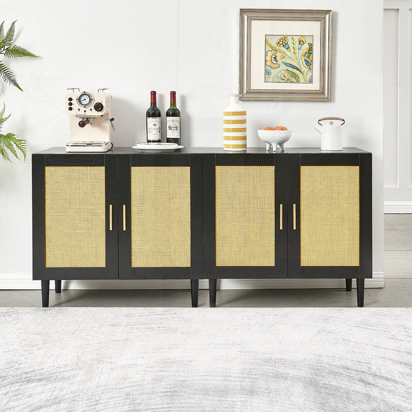 Side Panel Buffet Cabinet With Natural Rattan Door, Rattan Storage Cabinet With Adjustable Shelves,