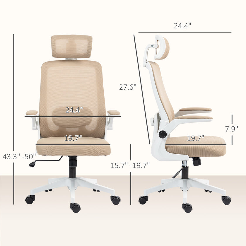 Mesh Office Chair, Ergonomic Desk Chair With Flip-up Armrest, Rotatable Headrest, Adjustable Lumbar Support, Khaki