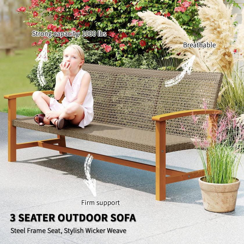 3-Seat Wicker Outdoor Couch Patio Sofa, Acacia Wood Patio Furniture With Steel Seat Armrests, Capacity, Teak