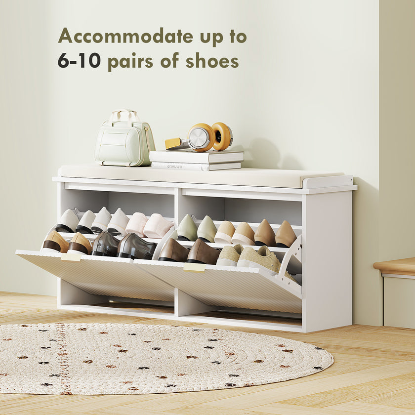 Shoe Storage Bench With Padded Seat Cushion And Flip-Drawer, Entryway Bench, Shoe Cabinet, 40.9x10.2x18.7 Inches, White