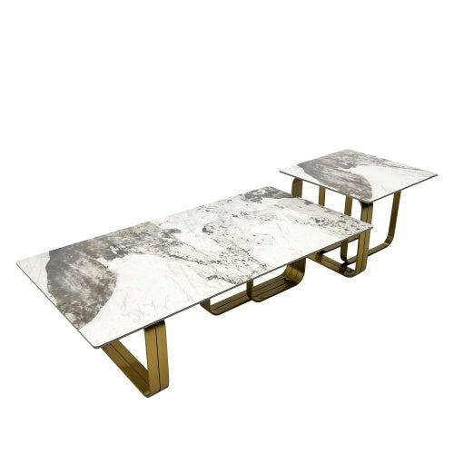Modern Rectangular Coffee Table Set With Sintered Stone Top, Gold Metal Frame, For Bedroom, Living Room