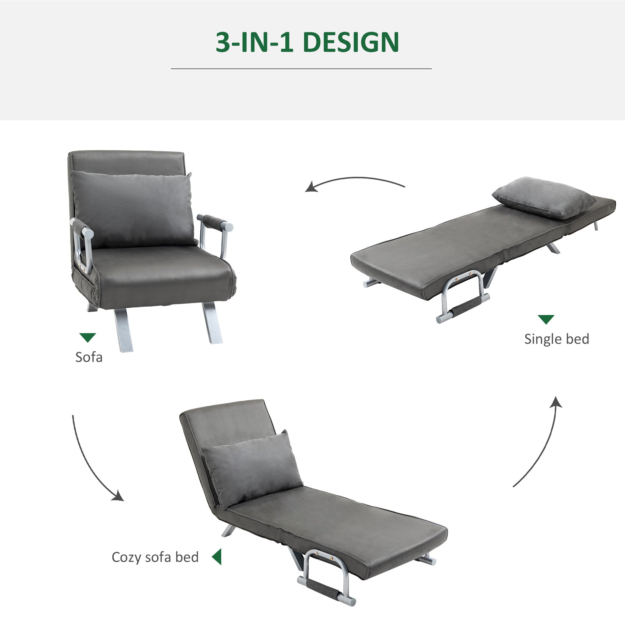 Convertible Sofa Bed 5 Position Folding Sleeper Chair Pillow Steel Frame Dark Grey