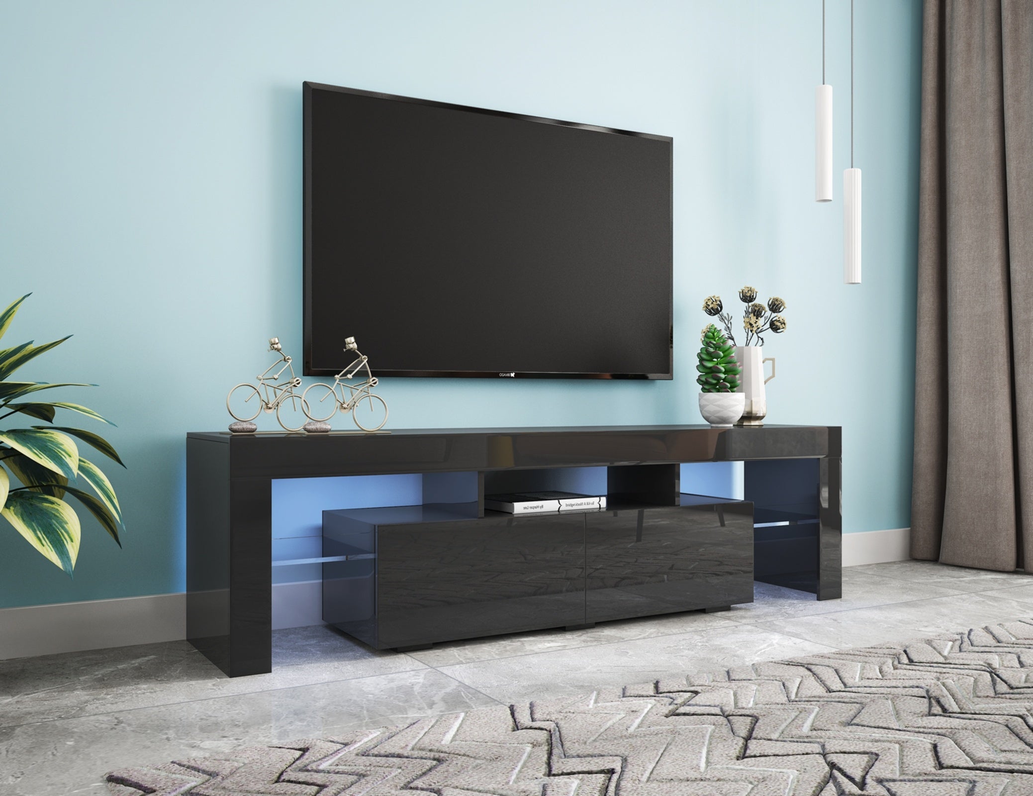 Modern Black TV Stand, 20 Colors LED TV Stand W Remote Control Lights