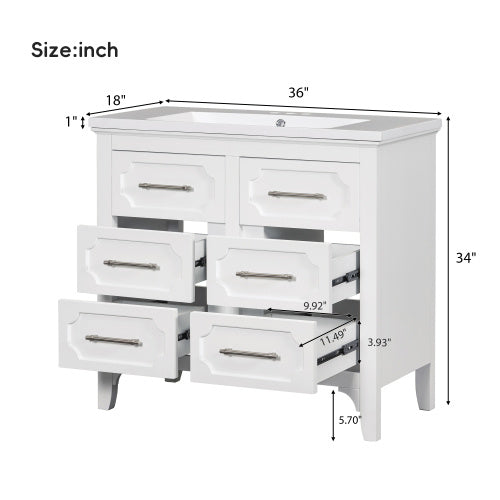 36'' Bathroom Vanity With Resin Sink Combo, Free Standing Single Vanity Set With Four Drawers, Solid Wood Frame Bathroom Storage Cabinet
