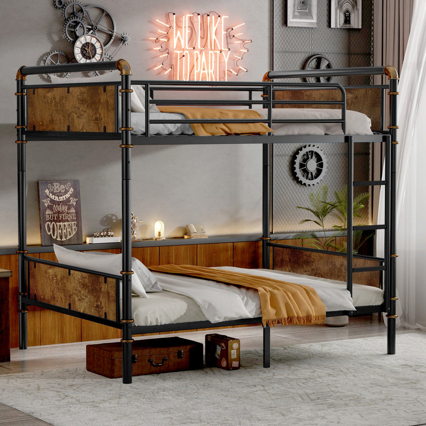 Double Bed Plus Double Bed Plus Metal Bunk Bed, Industrial Grade Detachable Bunk Bed With Safety Railing, Suitable For Teenagers, Black,