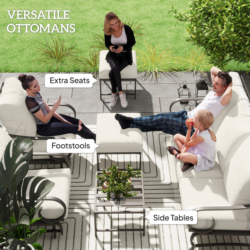 5 Piece Backyard Patio Furniture Set, Outdoor Furniture Set With 2 Rocking Chairs, 3-Seat Sofa, And 2 Ottomans, Beige