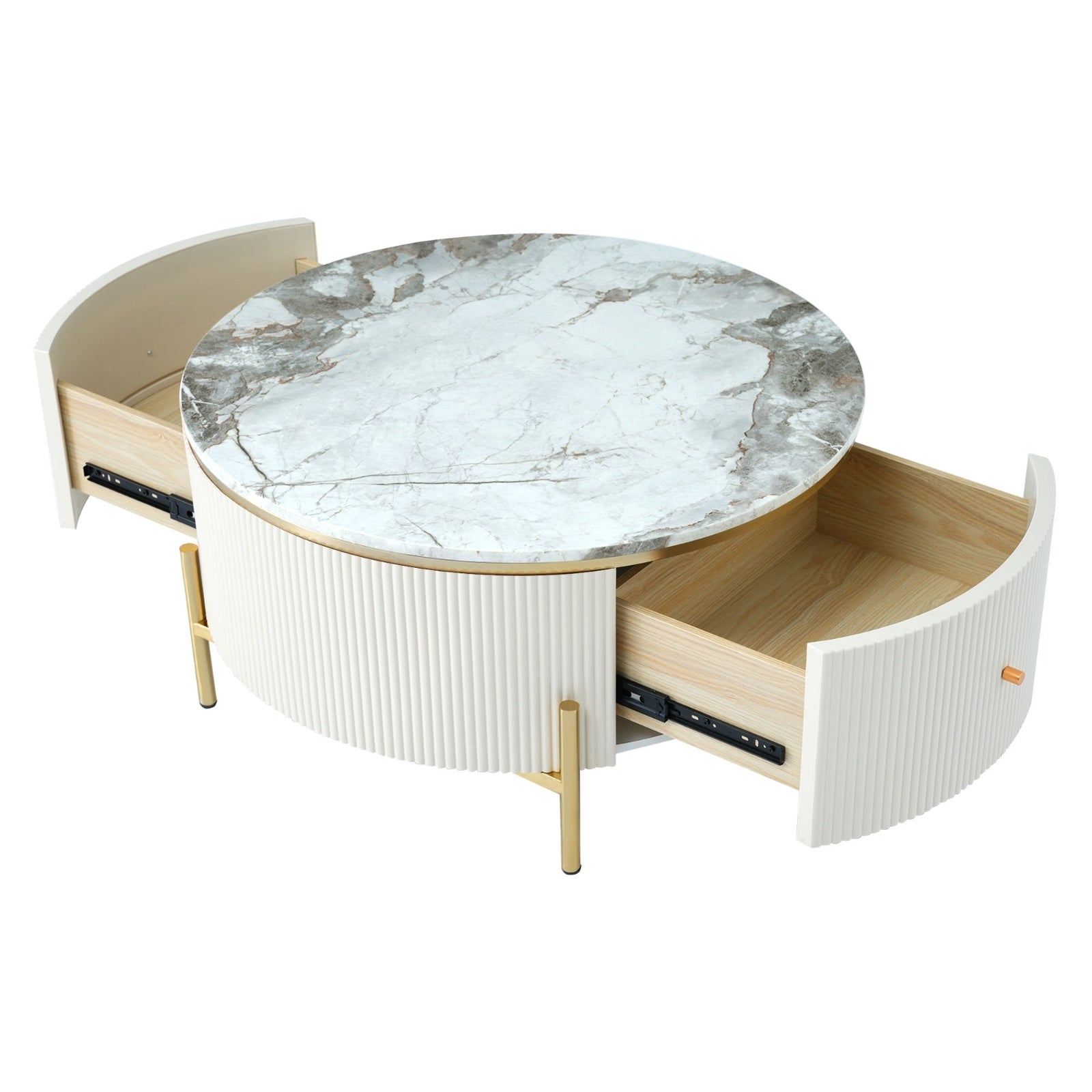 Modern Round Coffee Table With 2 Large Drawers Storage Accent Table  31.5