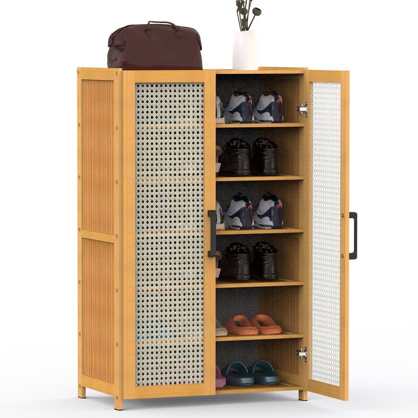 1Pc 6Tier Shoe Cabinet With Bamboo Shoe Rack Freestanding Shoe Organizer With 2 Hollow Doors And Handles 154lbs Max Load For Closet Hallway Living Room