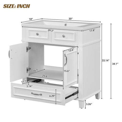 30'' Bathroom Vanity With Resin Sink, Solid Wood Frame Bathroom Storage Cabinet With Soft Closing Doors, Retro Style, White