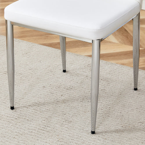 Set Of Four White PU Comfort Dining Chairs 17.7x25Dining Chair With Extended Backrest,WHITE PU,Silver Metal Legs,Suitable For Various Places Such As Family Restaurants, Hotels, Coffee Shops,etc.