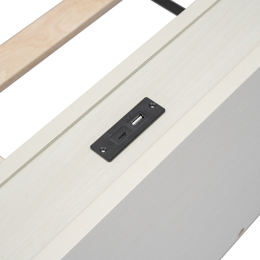 Modern Twin Platform Bed Frame With USB Ports, White Washed Color