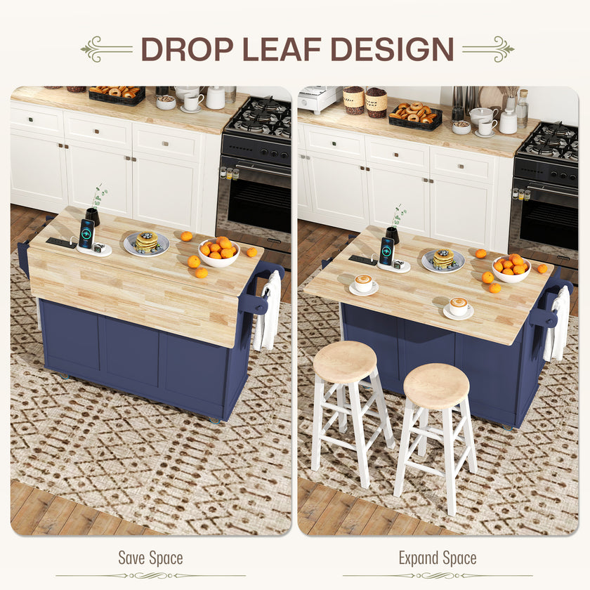 Kitchen Island On Wheels With Drop Leaf, Charging Station, Rolling Kitchen Cart With Wood Top, Adjustable Shelf, Blue