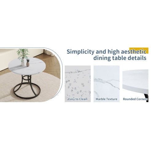 A Modern Minimalist Circular Table With A Diameter Of 33.3 Inches, An Elegant And Practical Choice.White Marble Textured Pattern Desktop, Paired With Uniquely Shaped Metal Leg.