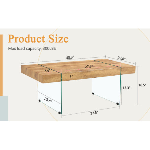 43.x23.6 Wood Colored Texture Sticker MDF Coffee Table With Tempered Glass Legs.Suitable For Living Room.It Can Be Used Not Only As A Coffee Table But Also As A Side Table Or Display Stand.