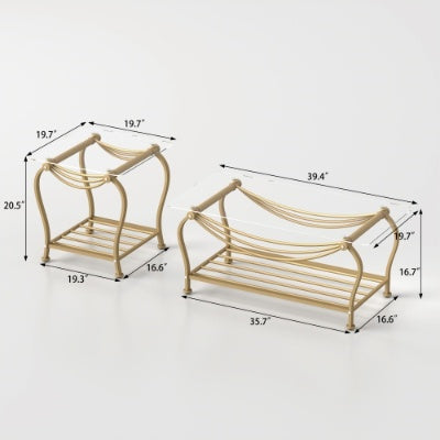 Tempered Glass Surface 3-Piece Coffee Table Set Decor Rectangle Coffee Table With 2 Square End Side Table Unique Design Coffee Table With Sturdy Construction For Living Room  Elegant Gold